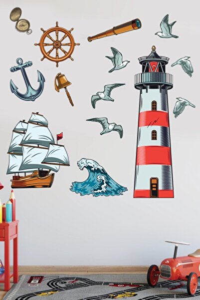 Pandas Red Sailor Ship Lighthouse Wall Sticker