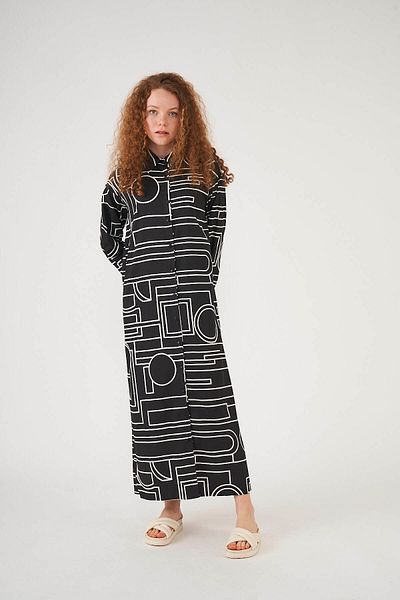 Mevra Black and White Patterned Shirt Dress