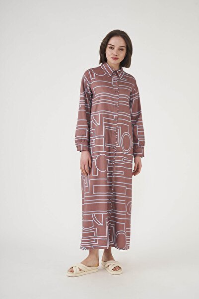 Mevra Desenli Gömlek Elbise Kahve Indigo