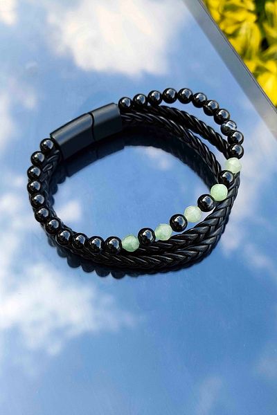 TREND COLLECTİON 3-Piece Row Black Genuine Leather Bracelet with Obsidian-green Quartz Natural Stone
