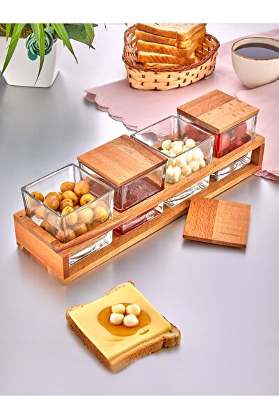 İLİVA 4 Lü Ahşap Standlı Kapaklı Cam Lüx Kare Kahvaltılık - Çerezlik - Kahvaltı Sunum Seti