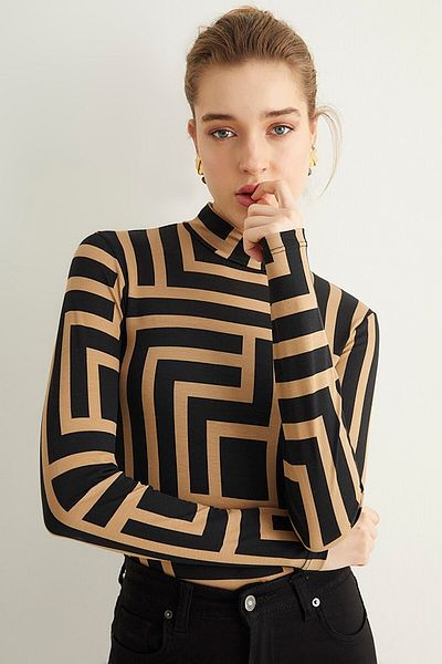 MasterTicaret Body de damă cu model labirint negru Camel