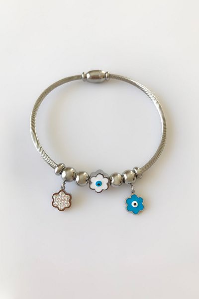 SilverStone Women's Evil Eye Beaded Flower Model Silver Color Charm Steel Bracelet