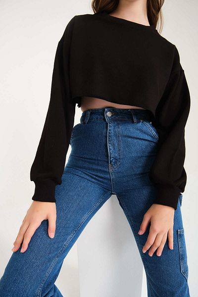 Bengi Clothing Women's Crew Neck Three Thread Non-Raised Fabric 100% Organic Cotton Crop Sweatshirt