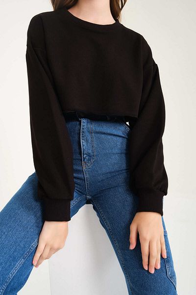 Bengi Clothing Women's Crew Neck Three Thread Non-Raised Fabric 100% Organic Cotton Crop Sweatshirt