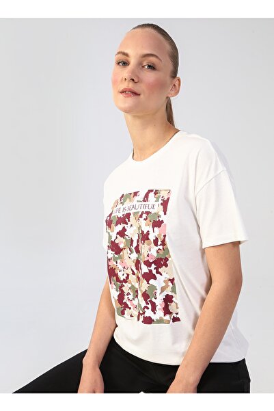 LİMON COMPANY Limon Bisiklet Yaka Baskılı Ekru Kadın T-shirt Mable