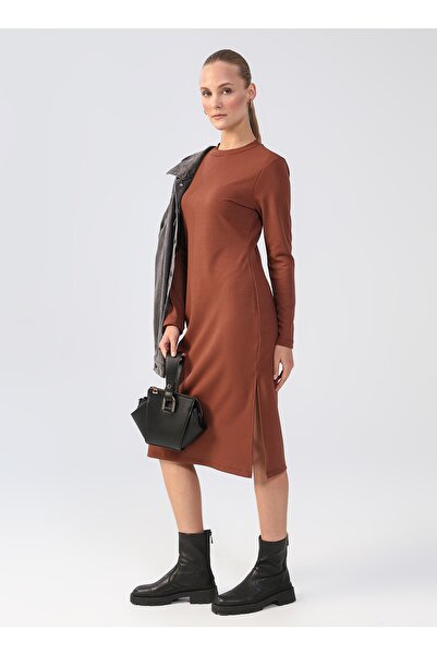 LİMON COMPANY Limon Dik Yaka Düz Midi Kahve Kadın Elbise Molen