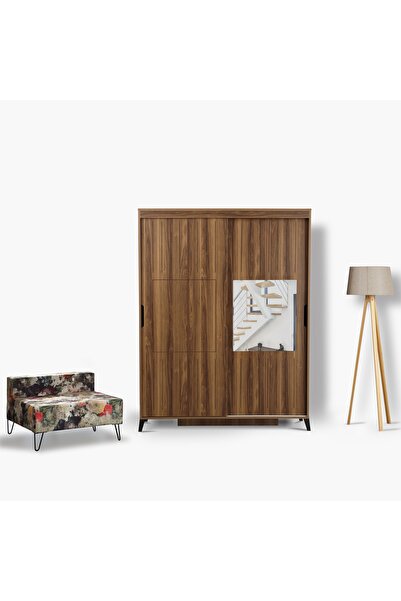 PASİFİC HOME Huga Sürgülü 2 Kapaklı Aynalı Gardırop, Ceviz ,130cm