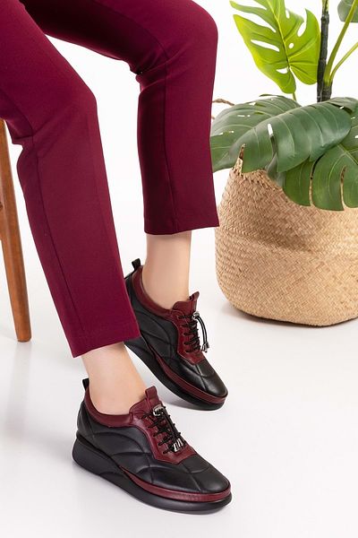 Gondol Genuine Leather Anatomical Sole Comfortable Rubber Laced Shoes Ndr.5506 - Black-burgundy - 39
