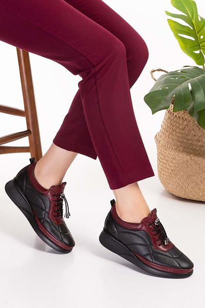 Gondol Genuine Leather Anatomical Sole Comfortable Rubber Laced Shoes Ndr.5506 - Black-burgundy - 39