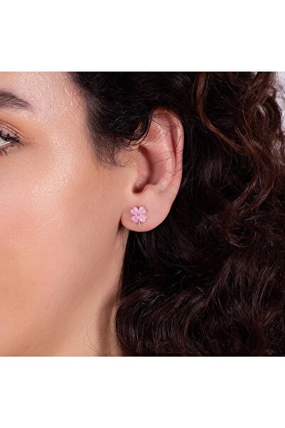 925 Ayar Zirkon Taşlı Rose Gümüş Pembe Kadın Küpe