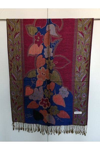 Butik Tülin Unisex Authentic Viscous Multi-Colored Patterned Double-Sided Tasseled Soft Shawl Made in India