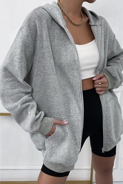 AFROGİYİM Gray Oversize Zippered Women's Cardigan - Plain Unprinted