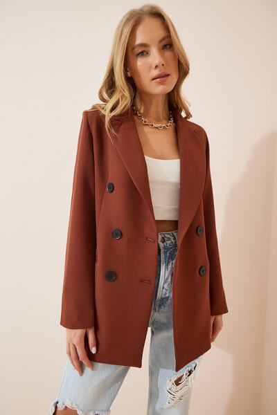 Happiness İstanbul Γυναικείο μπουφάν με διπλό στήθος με καφέ κουμπιά BP00115