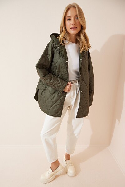 Happiness İstanbul Γυναικείο Παλτό με Πράσινη Κουκούλα Καπιτονέ Oversize FN02905