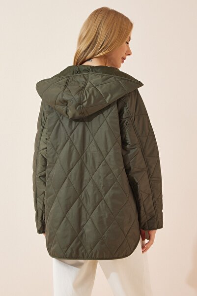 Happiness İstanbul Γυναικείο Παλτό με Πράσινη Κουκούλα Καπιτονέ Oversize FN02905