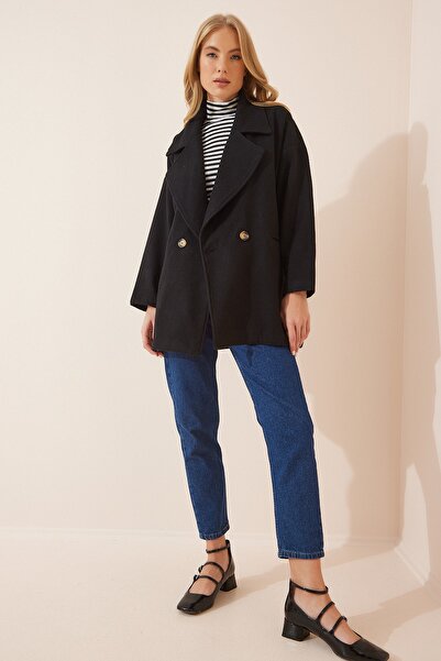 Happiness İstanbul Dámský černý oversize kabát na obočí DE00015
