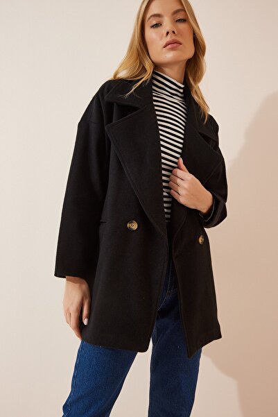 Happiness İstanbul Dámský černý oversize kabát na obočí DE00015