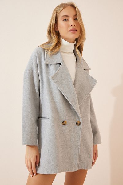 Happiness İstanbul Grauer Oversize-Mantel mit Stempelmuster für Damen DE00015