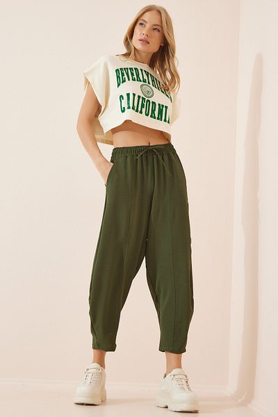 Happiness İstanbul Dunkle Khaki-Leinen-Shalwar-Hose für Damen CI00036