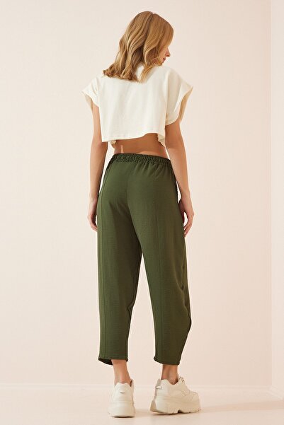 Happiness İstanbul Women's Dark Khaki Linen Shalwar Trousers CI00036