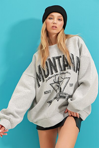 Trend Alaçatı Stili Γυναικεία μπλούζα με κουκούλα Grimelange με εμπριμέ φλις μέσα στο College ALC-X7442