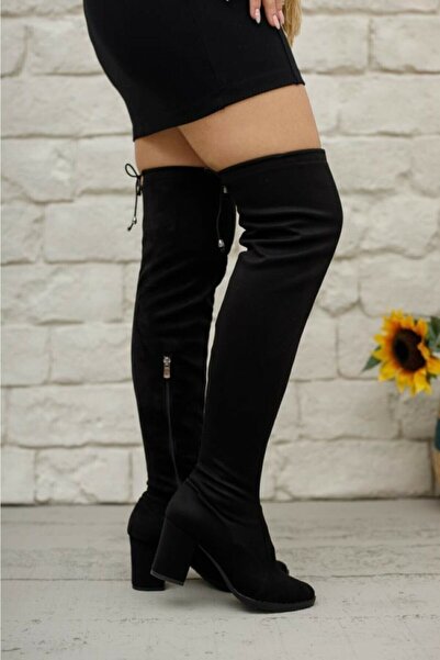 İmerShoes Cizme zilnice pentru femei din piele intoarsa neagra, cizme elastice peste genunchi, cu toc gros, cu fermoar, cu siret, 173