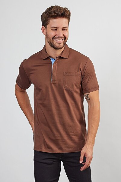 ENQUE Ανδρικό μπλουζάκι Basic με τσέπες και κουμπωτό στενό καφέ γιακά πόλο