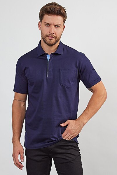 ENQUE تي شيرت رجالي أساسي ذو رقبة بولو باللون الأزرق الداكن