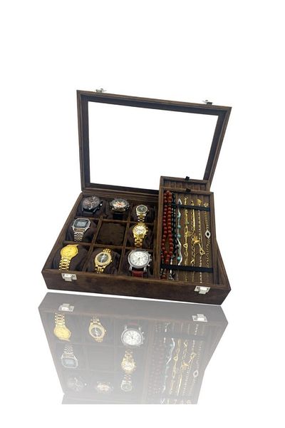 Dijital Çarşı Richbox 9-Piece Watch Bracelet or Rosary Jewelry Box Suede Brown