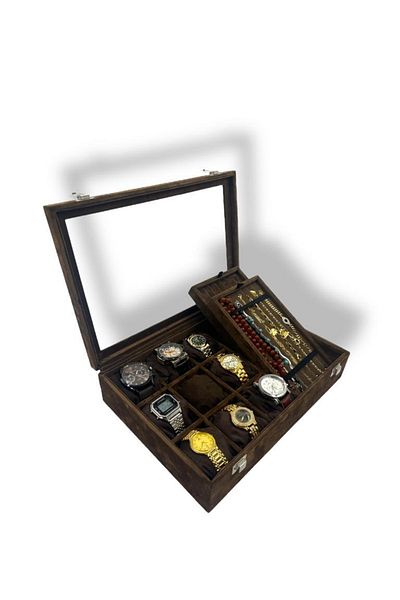 Dijital Çarşı Richbox 9-Piece Watch Bracelet or Rosary Jewelry Box Suede Brown