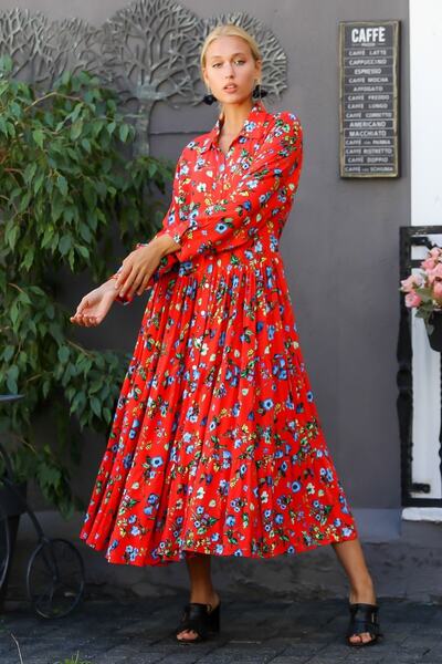 Chiccy Women's Red Shirt Collar Buttoned Floral Patterned Waist Gather Detailed Long Sleeve Dress M10160000EL94318