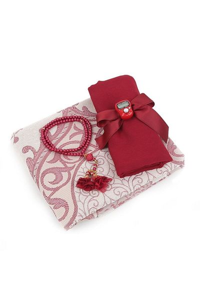 İkranur Ipek Nur Taffeta Prayer Rug Red & Pearl Prayer Beads with Roses Burgundy & Burgundy Shawl & Zikrmatik