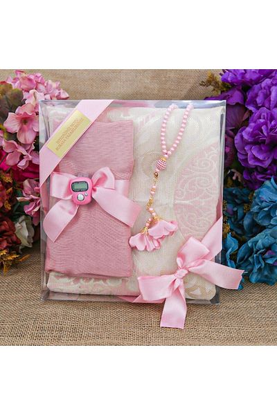 İkranur Silk Nur Taffeta Prayer Rug Pink & Pearl Prayer Beads with Roses Pink & Pink Shawl & Chanting