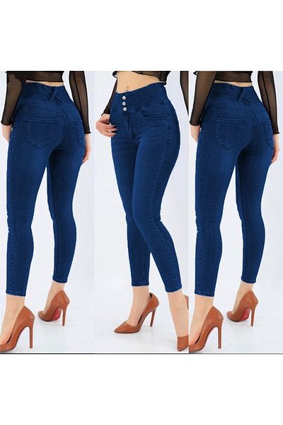 rengamoda Pantaloni de damă, skinny și slim, cu 3 nasturi, albastru închis, cu talie înaltă, din lycra