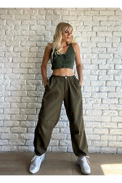 Gofeel Unisex Χακί Πράσινο Tactical Baggy Loose Fit Παντελόνι με ελαστική μέση Oversize