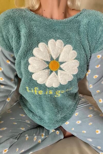 Pijamaevi Green Life Is Good mintás női plüss pizsama szett