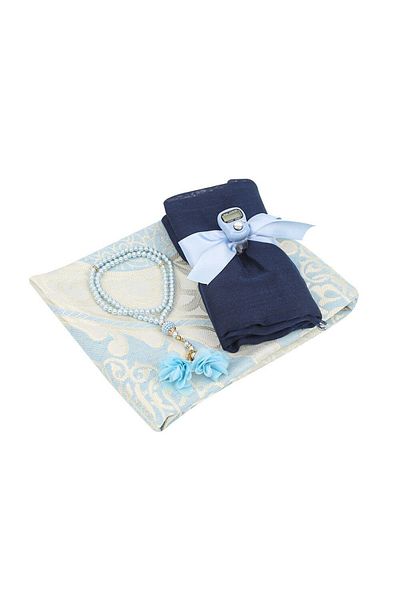 İkranur Silk Nur Taffeta Prayer Rug Blue & Pearl Rosary Rose Blue & Navy Blue Shawl & Chanting