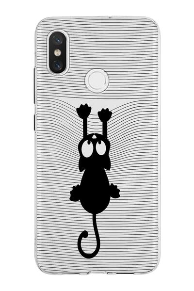 PrintiFy Xiaomi Mi 8 Uyumlu Kapak Çizgi Kedi Tasarımlı Şeffaf Silikon Kılıf