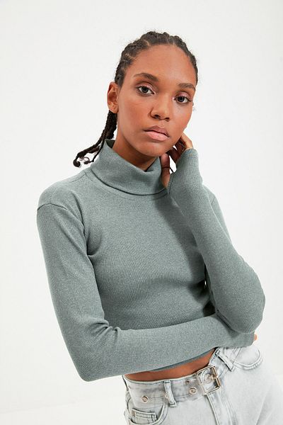 Trendyol Collection Πλεκτή μπλούζα Dark Mint Stretch Stretch - Λαιμόκοψη, Λεπτομέρεια στα δάχτυλα, Εφαρμογή σώματος TWOAW21BZ0071