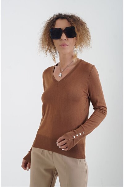 Zelish My Sister Pulover maro cu decolteu în V și nasturi metalici