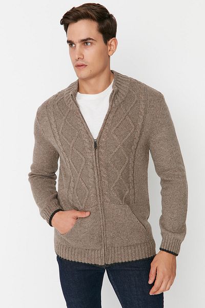 Trendyol Collection Nerz Slim Fit Wollstrick-Strickjacke mit detaillierten Reißverschlusstaschen TMNAW21HI0349