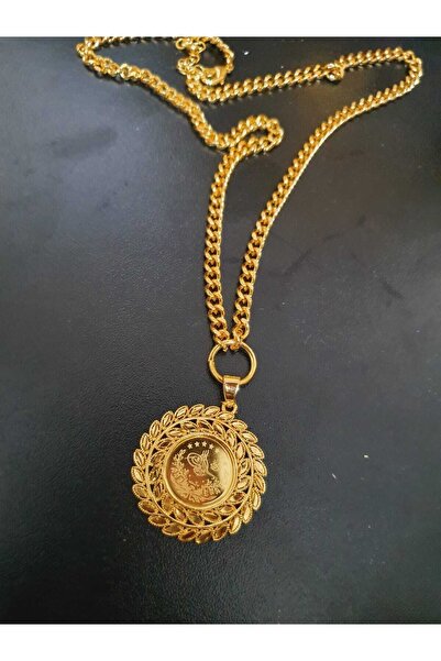 barisiva gold 22 Ayar Altın Kaplama Tuğralı Kolye Kenarları Yaprak Işlemeli