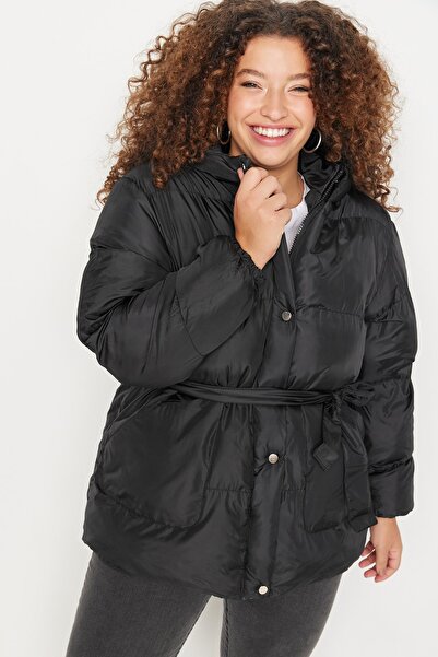 Trendyol Curve Black Regular Fit Puffer Jacket - TBBAW23AW00009 with Tie Detail