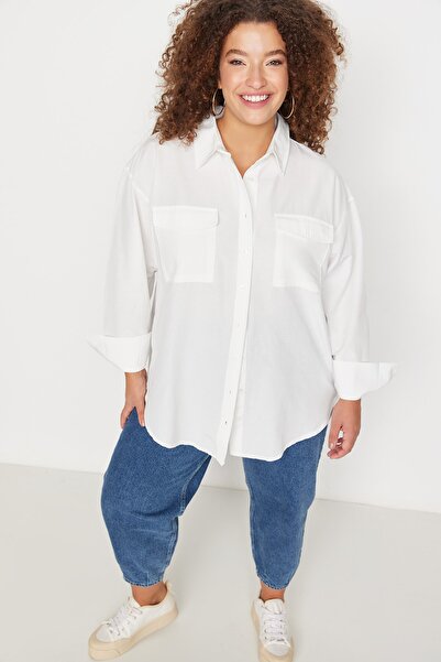 Trendyol Curve Plus Size Poplin Woven Shirt - Ecru Cotton, Long Sleeve, Double Pocket and Slit Skirt TBBAW23AX00013