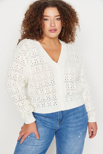 Trendyol Curve Plus Size Cardigan - Ecru - Regular fit