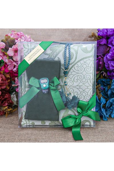 İkranur Silk Nur Taffeta Prayer Rug Green & Pearl Rosary with Roses Green & Green Shawl & Zikrmatik