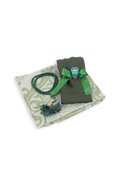 İkranur Silk Nur Taffeta Prayer Rug Green & Pearl Rosary with Roses Green & Green Shawl & Zikrmatik