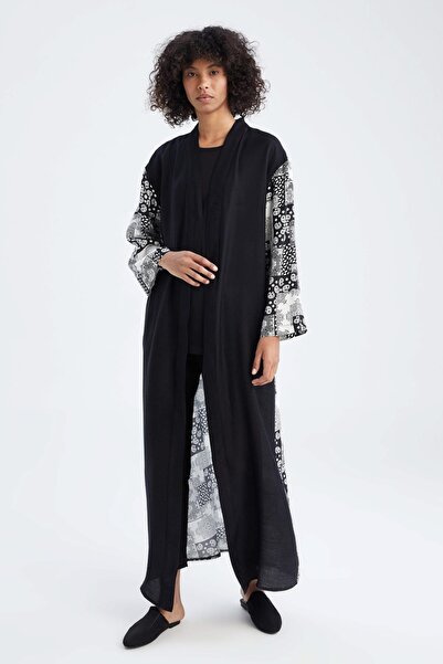 DeFacto Regular Fit Desenli V Yaka Bağlamalı Uzun Kimono