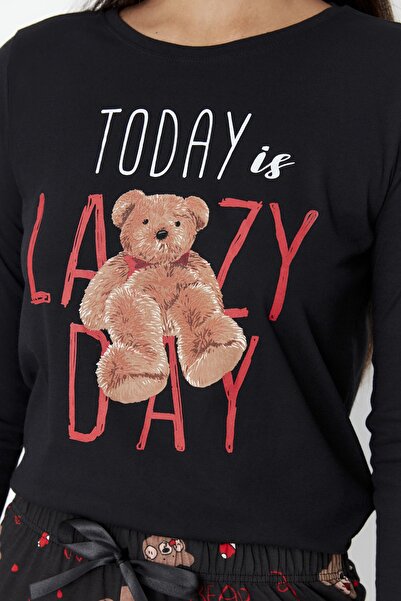 Trendyol Collection Černý 100% bavlněný medvídek s potiskem pletené pyžamo THMAW23PT00495